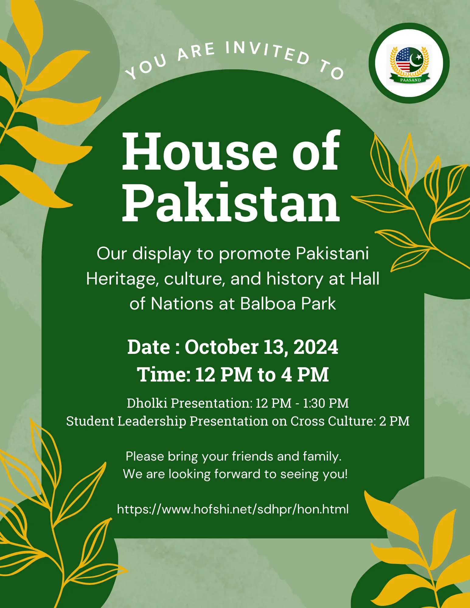 October 13th – House of Pakistan Event at Balboa Park